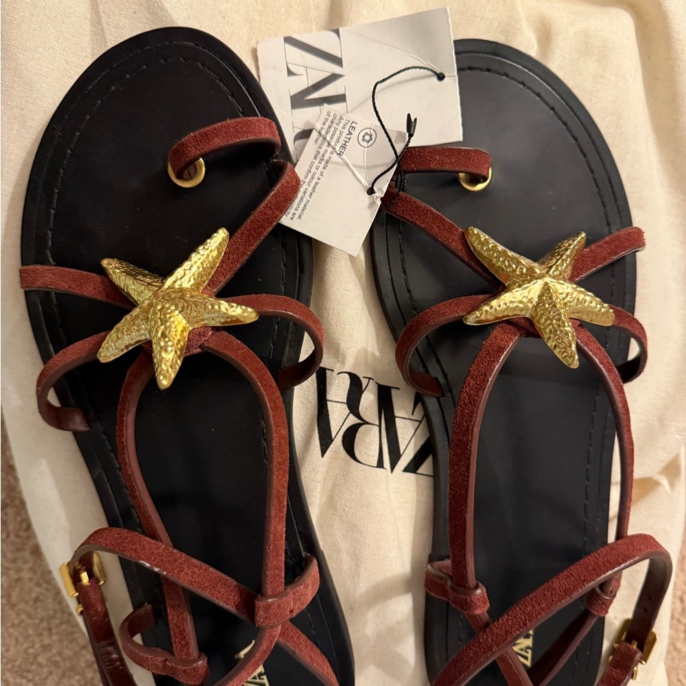 Zara Women's Black and Brown Sandals with Gold Starfish